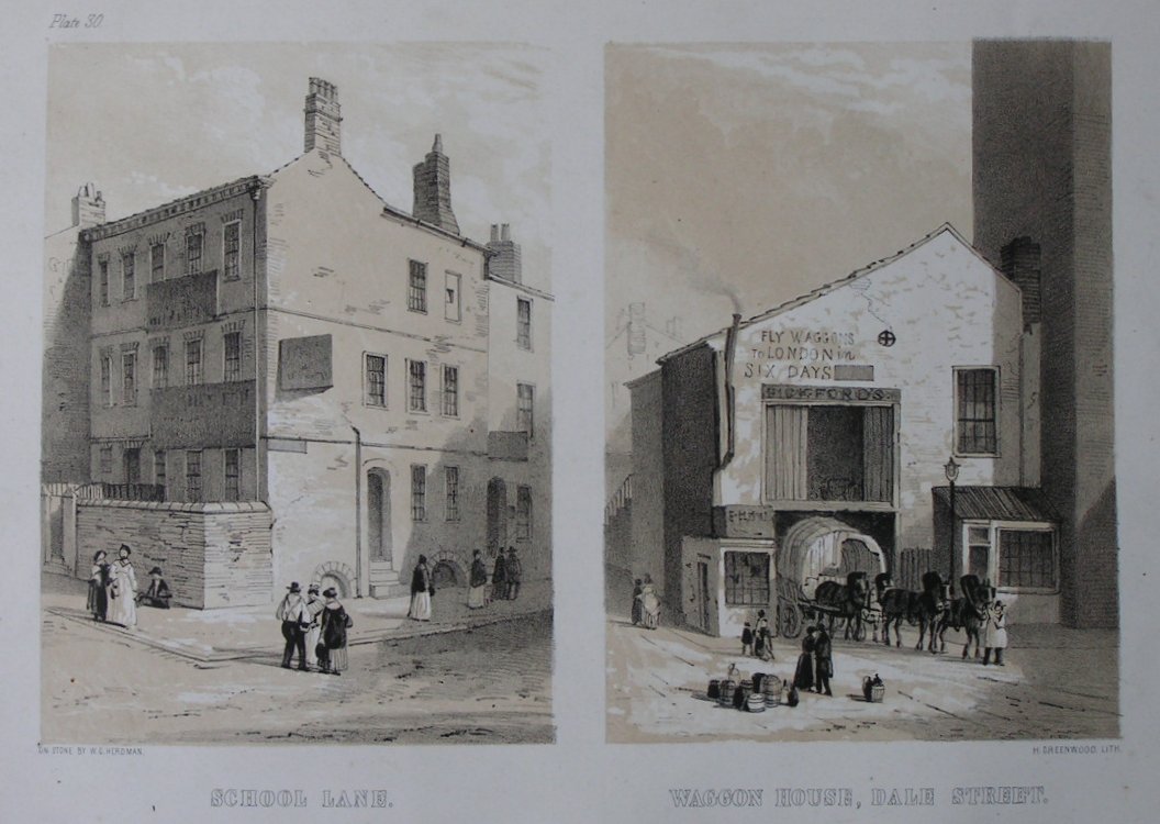 Lithograph - School Lane & Waggon House, Dale Street - Greenwood